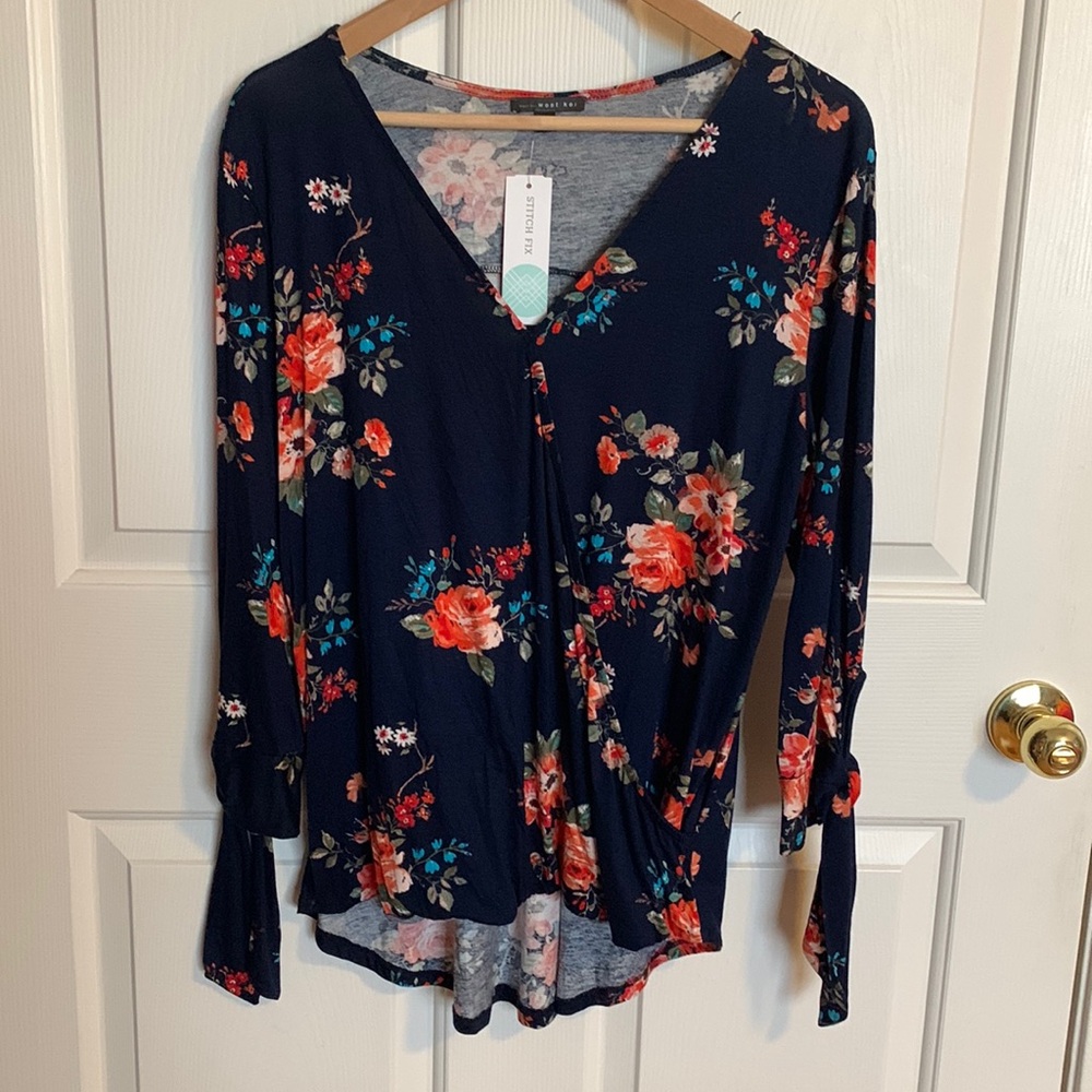 West Kei Imay Stitch Fix Navy Floral Knit top 3/4 sleeve blouse L Large NWT